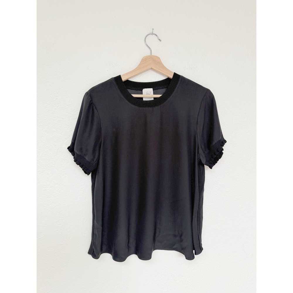 Cinq a Sept Tous Les Jours Black Silk Ruffle Sleeve Knit Trim Top M